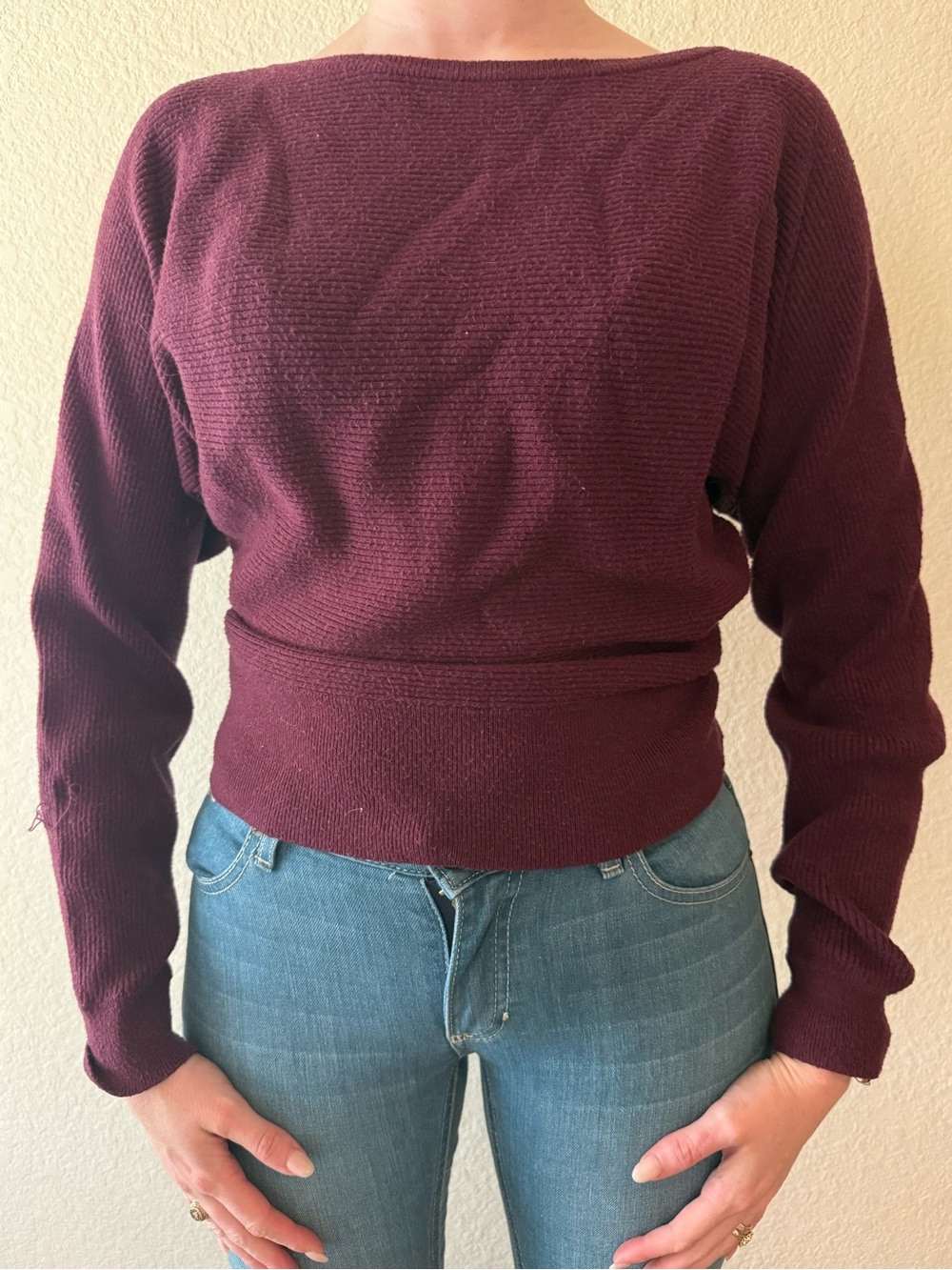 Express Off-the-Shoulder Sweater in Burgundy